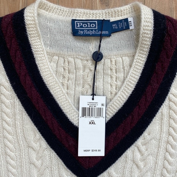 New!🍁Polo Ralph Lauren Cable Knit Alpaca Wool V-Neck Jumper Varsity Sweater XXL - Picture 9 of 15